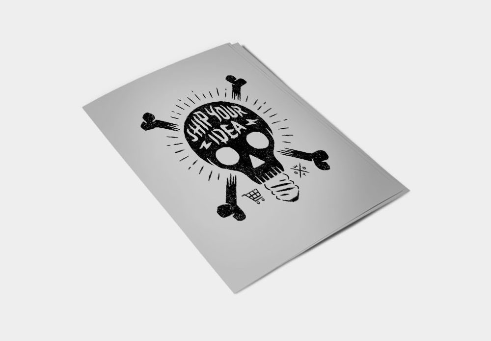 Black and white playing card with crossed swords and a skull emblem.