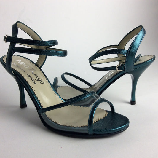 Elegant teal high-heeled strappy sandals.