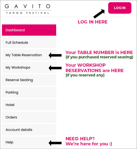 Tango festival website navigation instructions.
