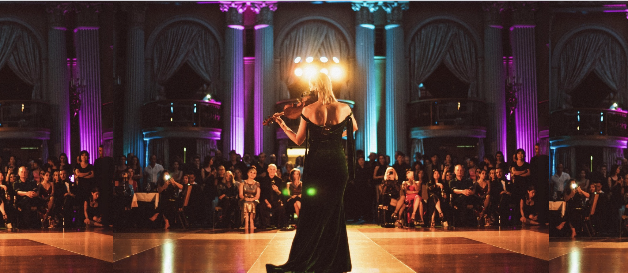 Violinist performing on stage in elegant venue.