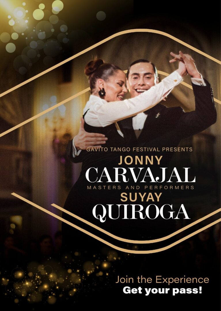 Couple performing tango in elegant poster