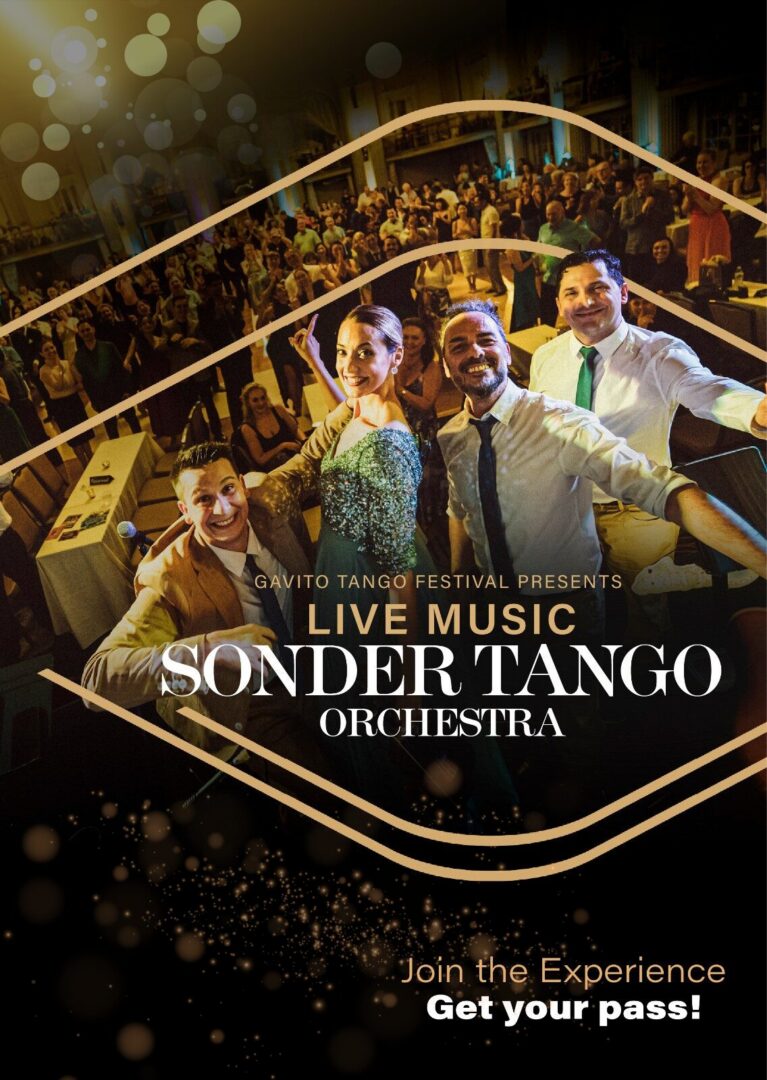 Four musicians smiling onstage before dancing crowd