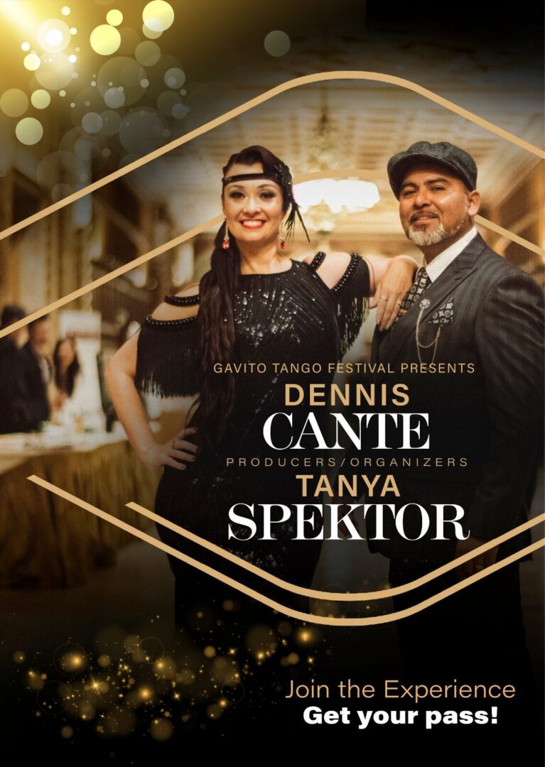 Smiling tango couple on golden festival poster